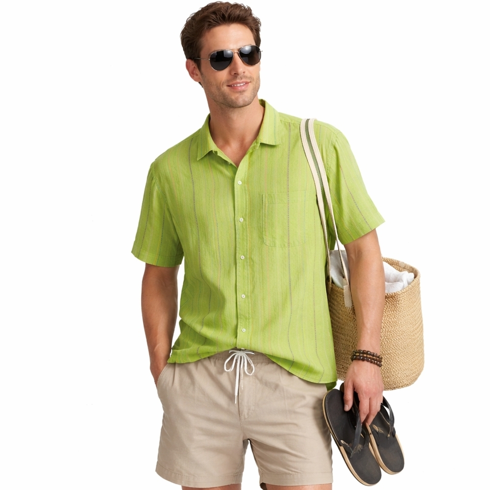 Without Walls Green Striped Short Sleeve Shirt Size L